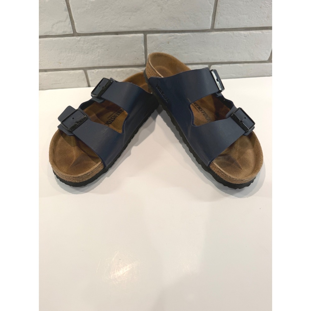 Birkenstock Arizona Sandals Women 41 Navy Blue Birko-Flor Two Strap Buckle Slide